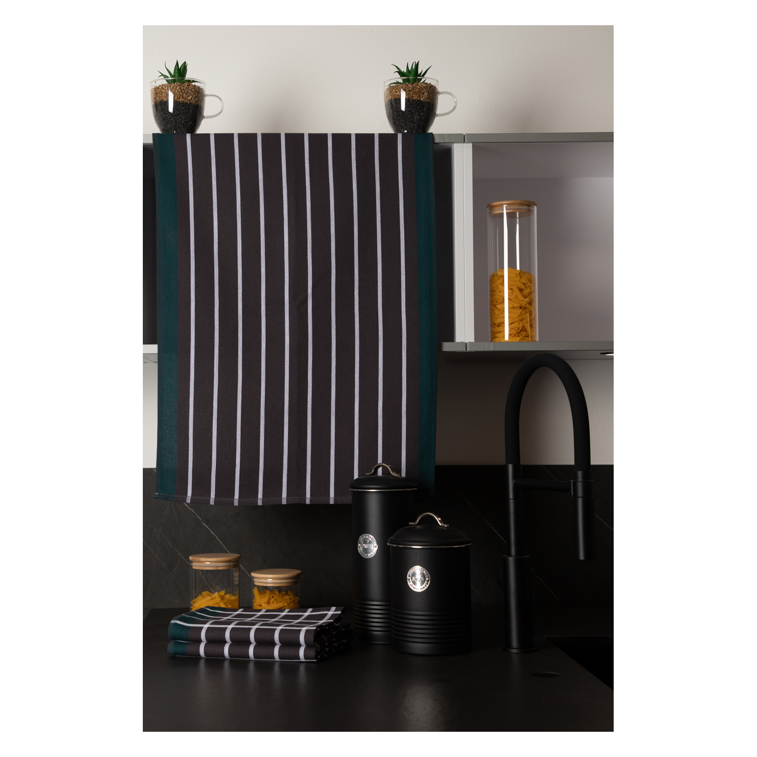 Geschirrtücher 3er Pack - Design Streifen-Karo grau