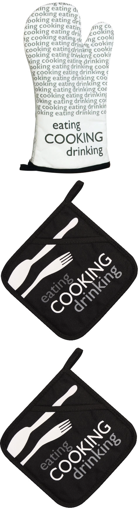 3-teiliges Topflappen & Ofenhandschuh Set - Newspaper schwarz 3-teiliges Topflappen & Ofenhandschuh Set - Newspaper schwarz