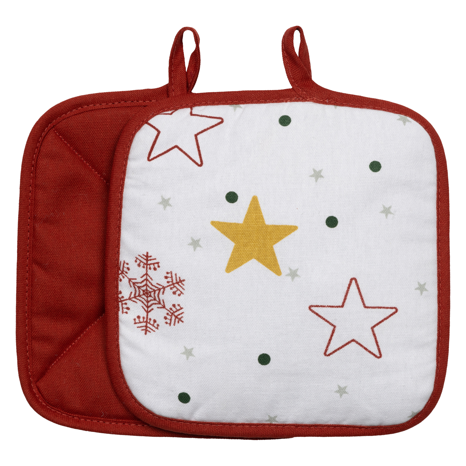 2er Set Topflappen in rot/weiß mit Sternen, Schneeflocken & Punkten - Rückseite uni rot mit praktischen Aufhänger - X-Mas Edition - Wintertime (Küchengreifhilfe)