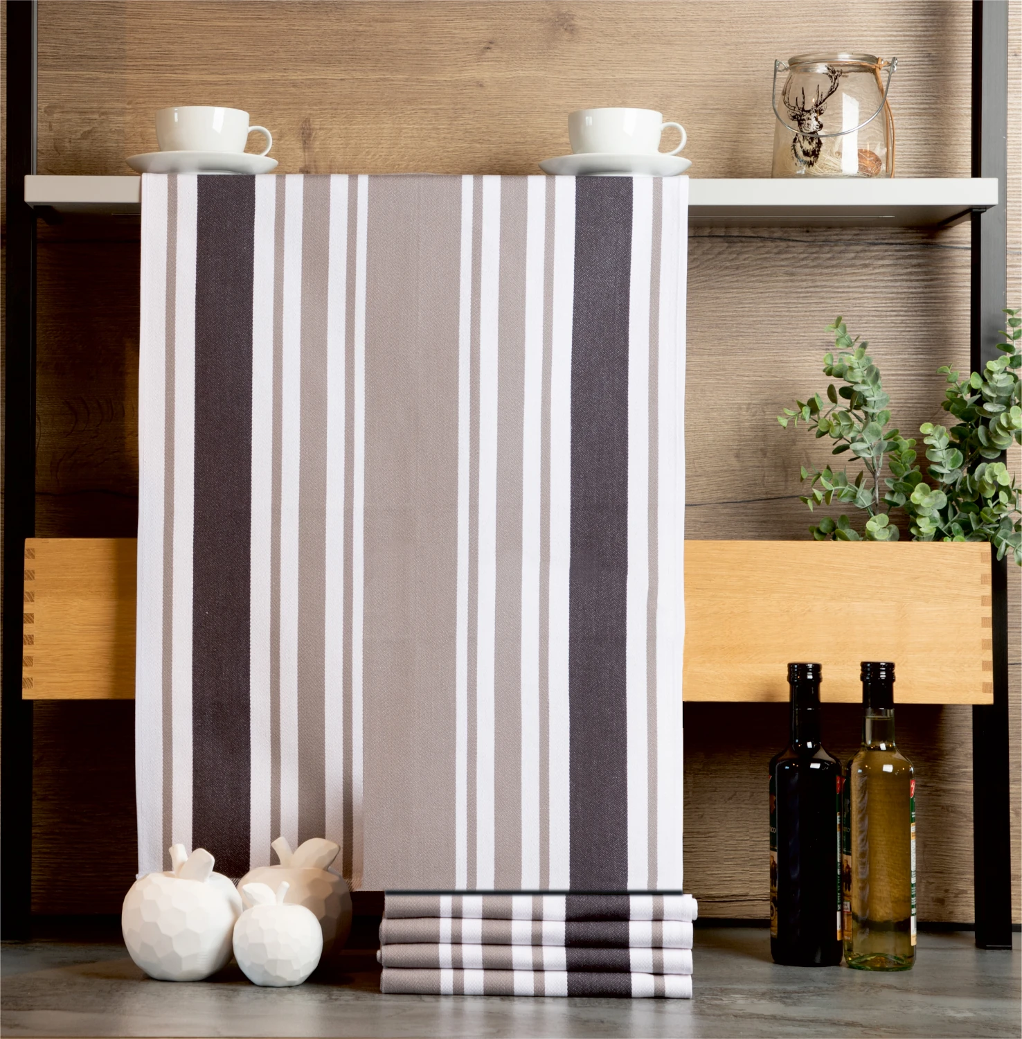 5er Set gestreifte Geschirrtücher aus reiner Baumwolle, ca. 50x70 cm, Farbe weiß/beige/anthrazit