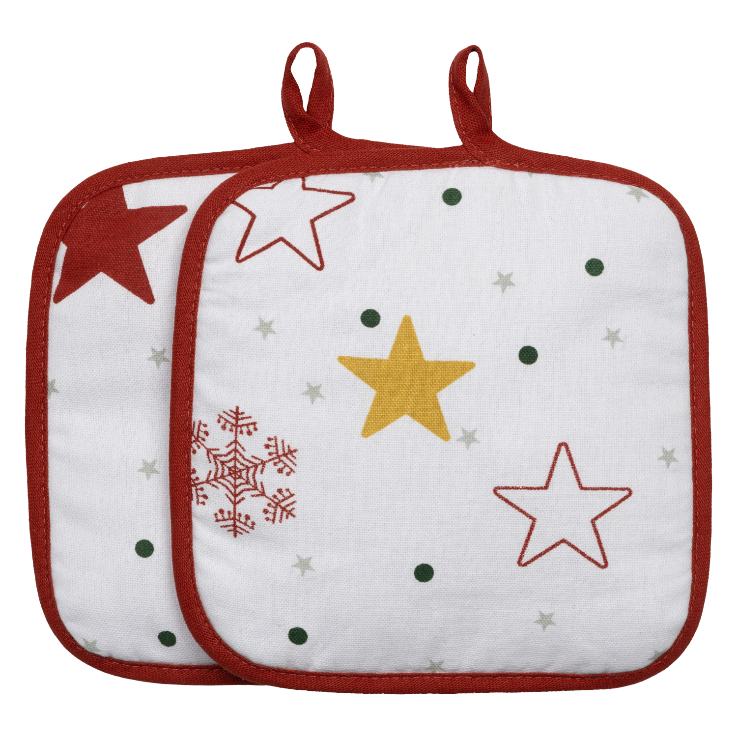 2er Set Topflappen in rot/weiß mit Sternen, Schneeflocken & Punkten - Rückseite uni rot mit praktischen Aufhänger - X-Mas Edition - Wintertime (Küchengreifhilfe)