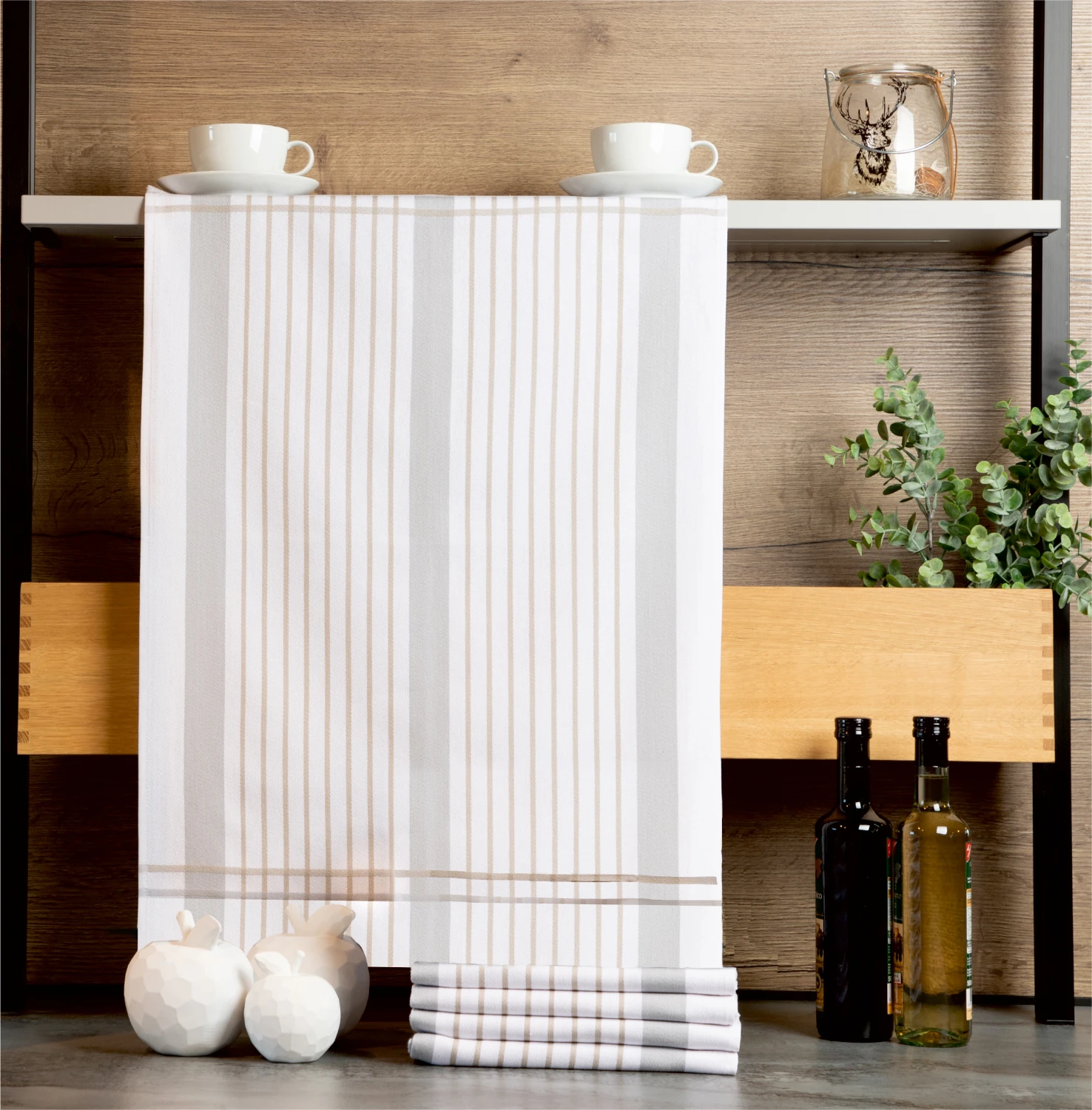 5er Set saugstarke & gestreifte Geschirrtücher in weiß, hellgrau und beige reiner Baumwolle, ca. 50x70 cm