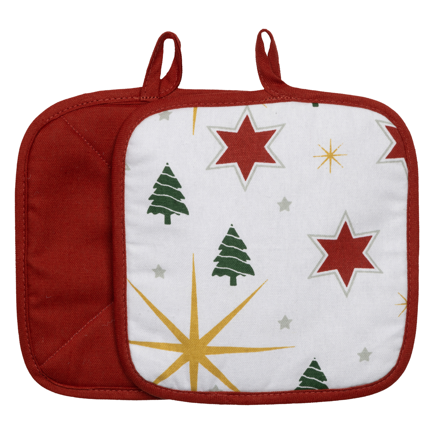 weihnachtliche Topflappen im 2er Pack mit Schneeflocken, Sternen und Punkten – Rückseite in rot, ca. 20x20 cm – X-Mas Edition, X-Mas Tree (Küchengreifhilfe)