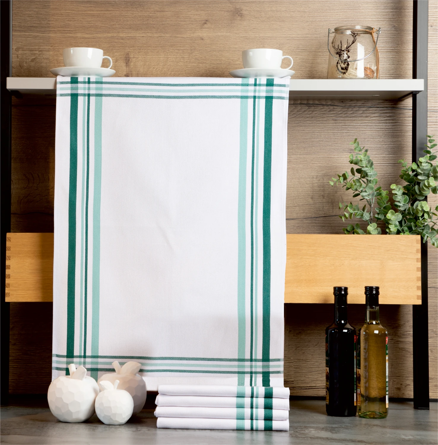 5 gestreifte Geschirrtücher in weiss/grün/mintgrün aus reiner Baumwolle, ca. 50x70 cm