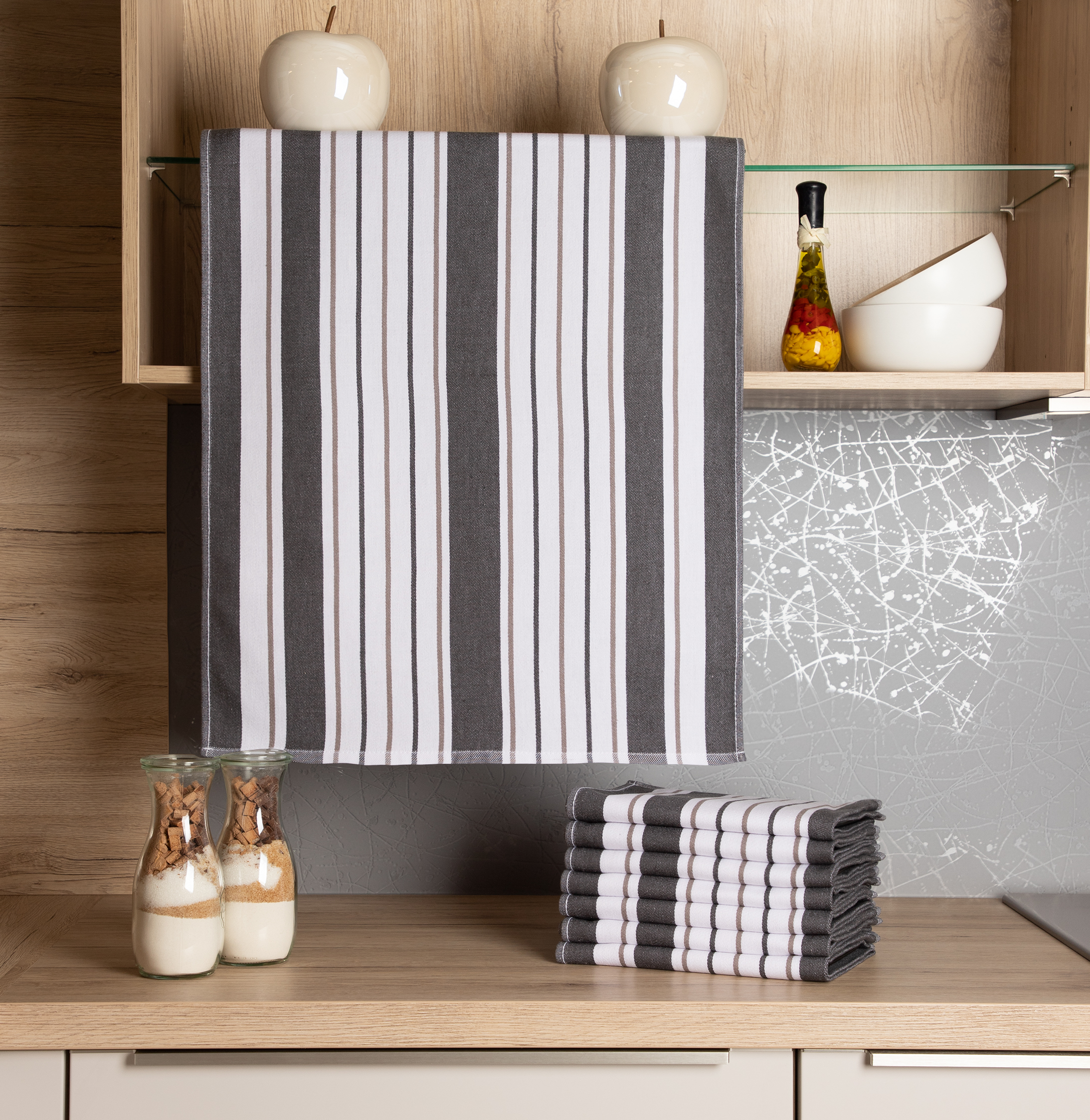 Geschirrtücher 8er Pack gestreift - Farbe weiß/anthrazit/beige