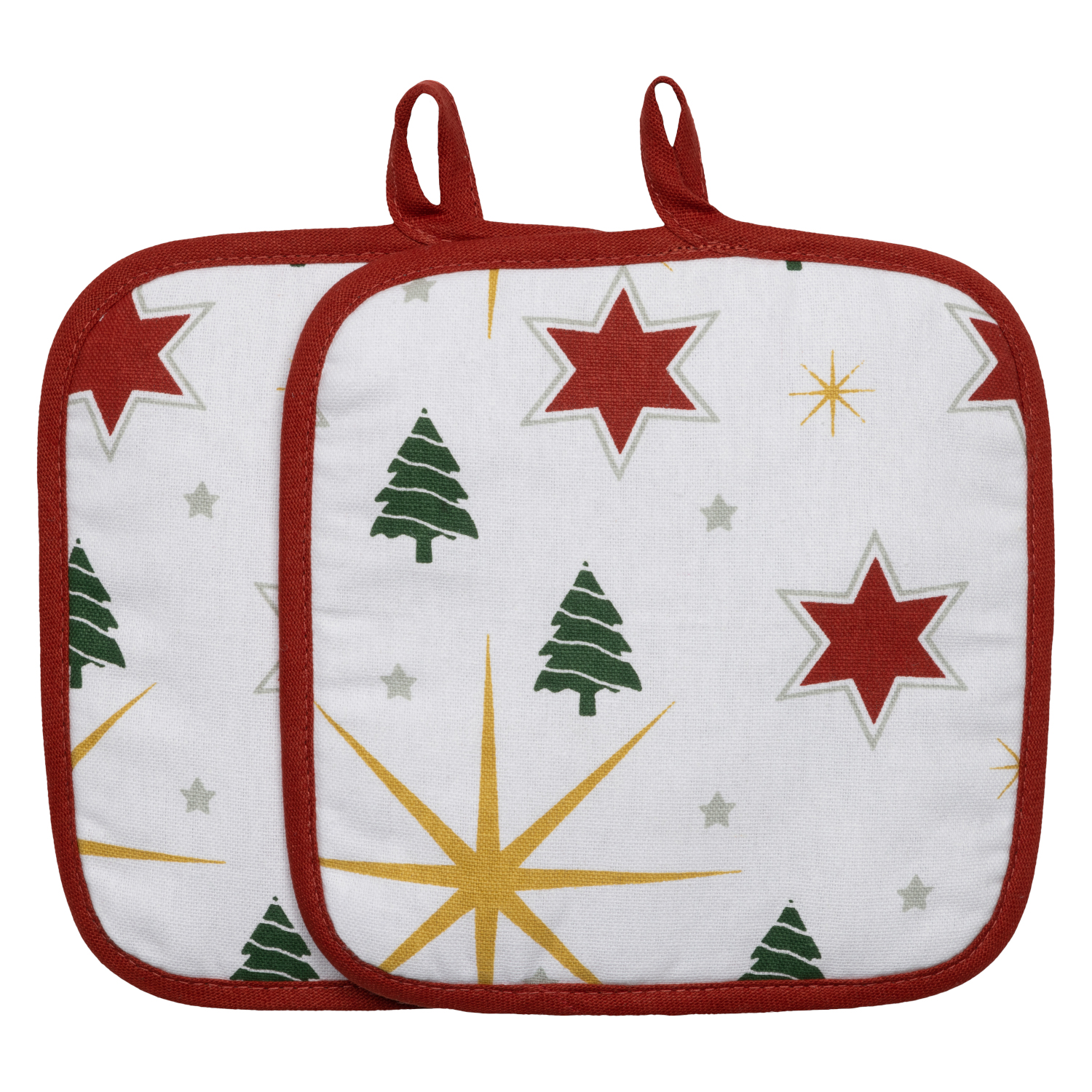 weihnachtliche Topflappen im 2er Pack mit Schneeflocken, Sternen und Punkten – Rückseite in rot, ca. 20x20 cm – X-Mas Edition, X-Mas Tree (Küchengreifhilfe)